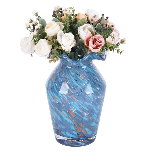 11in Blue Hand Blown Large Glass Vase - High-Waisted Rhombus Ruffle | Vases Home Decor, Blown Glass Centerpiece for Dining Room Table, Decorative Glass Flower Vase for Living Room Wedding (S)