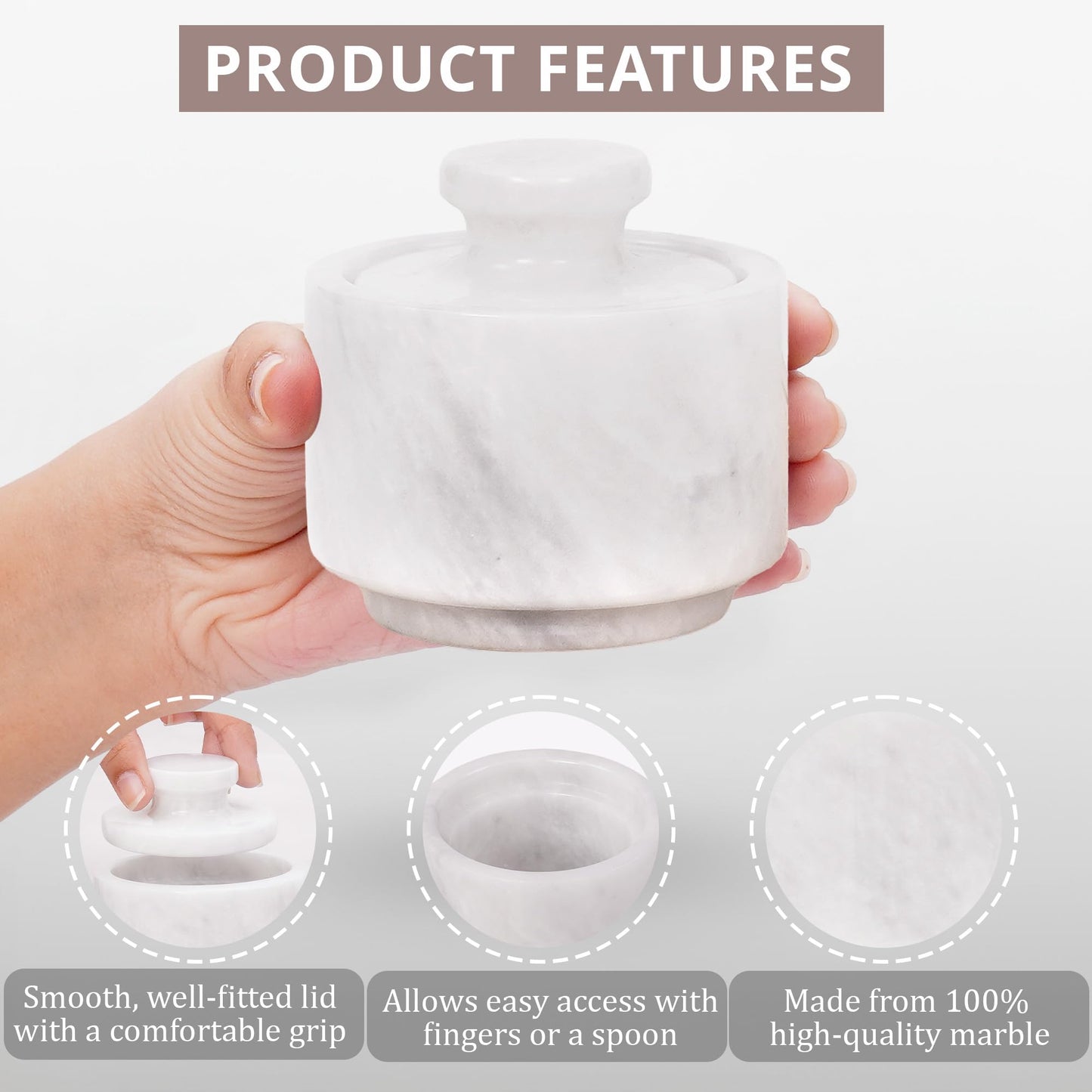 EARTHENTONES Marble Salt Cellar 3 Inch Set of 3, White Spice Storage Jars with Lid, Tea Coffee Sugar Canister Set, Maldon Sea Salt Flakes & Celtic Salt Holder, Stylish Luxury Countertop Gift for Home