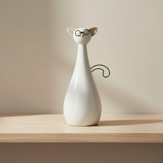 Stoneware Ceramic Cat Figurine Sculpture – Figurine Statue for Outdoor, White Room Decor, Decorative Shelf or Desk Accent – Cat Art for Home Decor, Garden Statues – 10", White