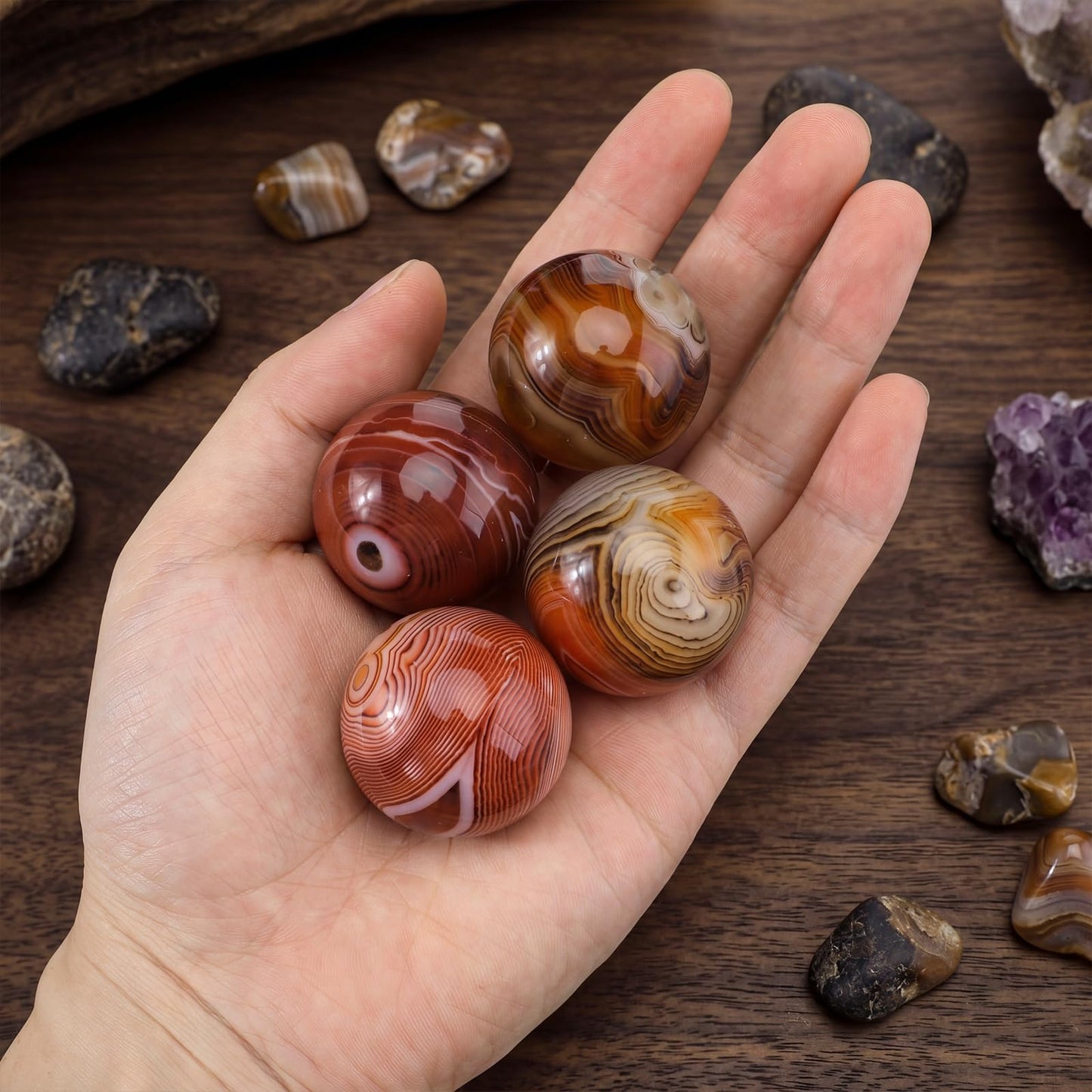 Whimsibelle 4 Pcs Natural Silk Agate Banded Balls Large Agate Crystal Sphere 30-35mm Tumbled Gems Stone Meditation Ball for Witchcraft and Decorative Balls, Meditation, Home Decor