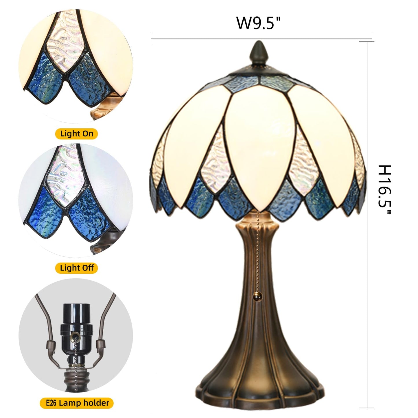 HomeBeauty TL0014 Tiffany Table Lamp Handmade Stained Glass Blue & White Lotus Bedside Lamp Bending Glass Reading Desk Light 9.5 X 16.5 Inches for Bedroom Living Room Home Office (Blue &White)