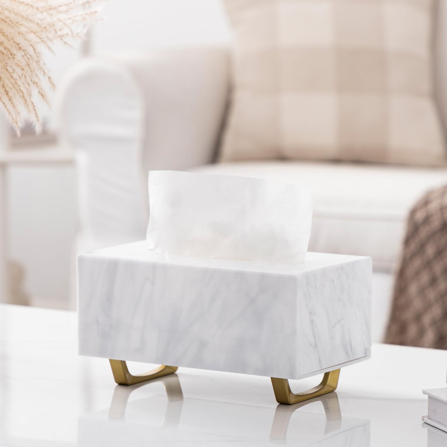 HBlife Tissue Box Cover Rectangle Acrylic Tissue Box Holder with Gold Plated Legs Napkin Dispenser Dryer Sheet Container for Bathroom, Marble White