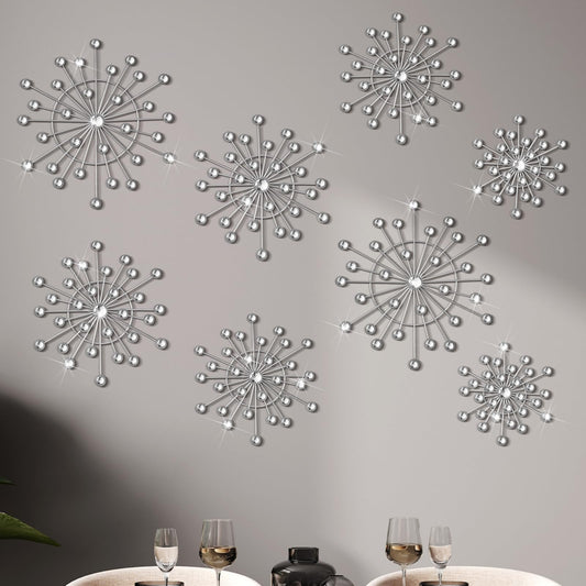 MorningRo 8 Pcs Metal Wall Decor Bling Crystal Wall Art Cast Iron Rhinestones Sunburst Decor Starburst Art Hanging Diamond Accents Home Decorative for Living Room Bedroom Entryway