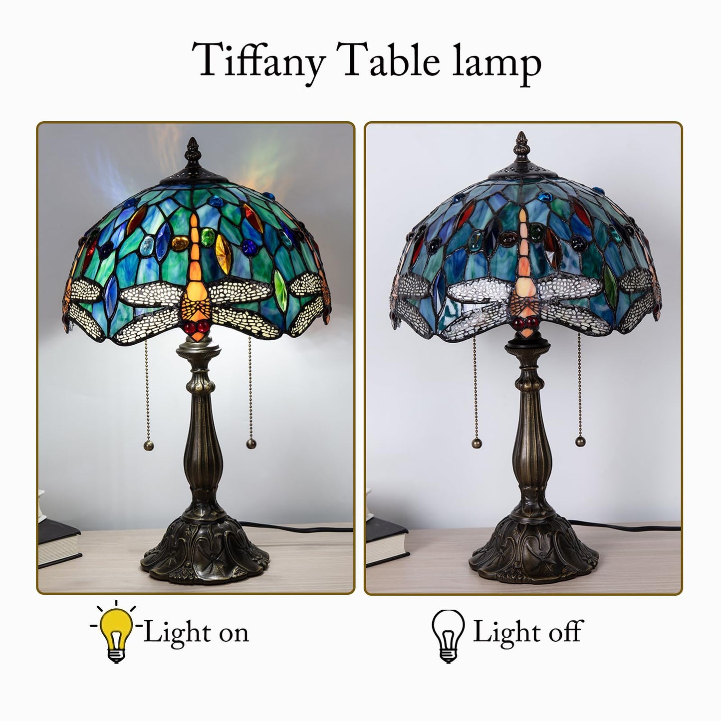 Radtiff Tiffany Table Lamp,12 inch Stained Glass Style Dragonfly Antique Reading Light for Bedside Living Room Office Decor Home,Included Two LED Bulb