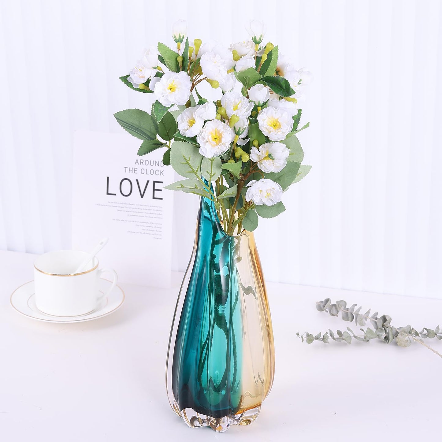 Hand Blown Glass Vase, Medium Wide Mouth Flower Vase Unique Modern Turquoise Glass Art Decor, Nonbreakable Vases for Table Centerpieces Living Room De