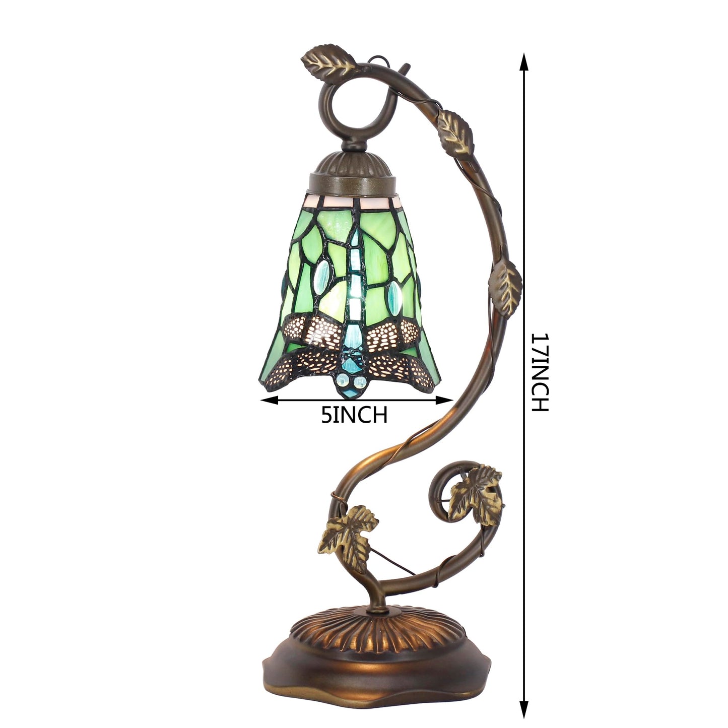 ANYONGLU Tiffany Lamp Stained Glass Desk Reading Bedside Light, Metal Leaf Table Lamp Base 5X6X17 Inches Decor Small Space Bedside Bedroom Home Office (Green Dragonfly Style)