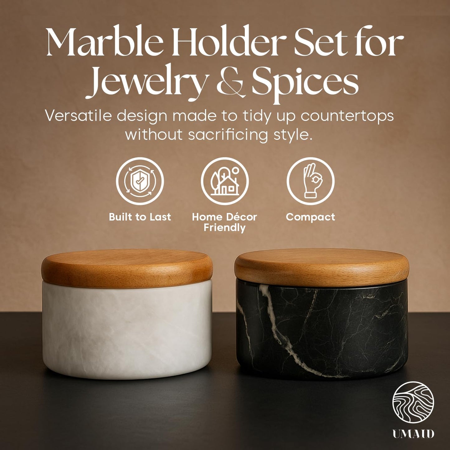 UMAID Marble Salt and Pepper Bowls | Set of 2 Solid Bianco White & Graphite Grey Marble Cellars with Lids and Spoons | Handcrafted Salt & Pepper Containers for Kitchen Countertop