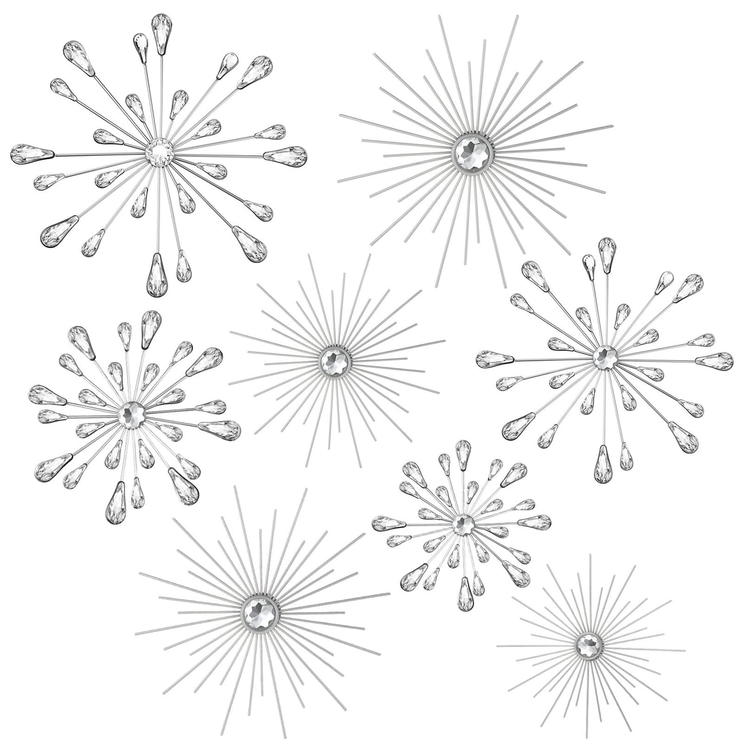 Blulu 8 Pcs Silver Metal Wall Art Cast Iron Starburst Wall Decor Bling Crystal Sculptures Living Room 3D Teardrop Radial Rhinestone Hanging Diamond Accents for Home Office Bedroom Entryway