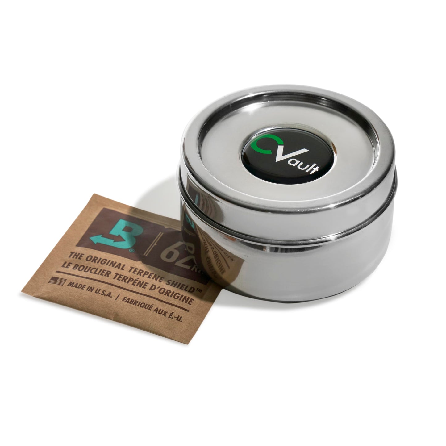 CVAULT | 1/2 oz Twist Top Storage Container | Shatterproof, Air Tight & Light Resistant | Food Grade Stainless Steel | Includes 62% RH 8-gram humidity pack