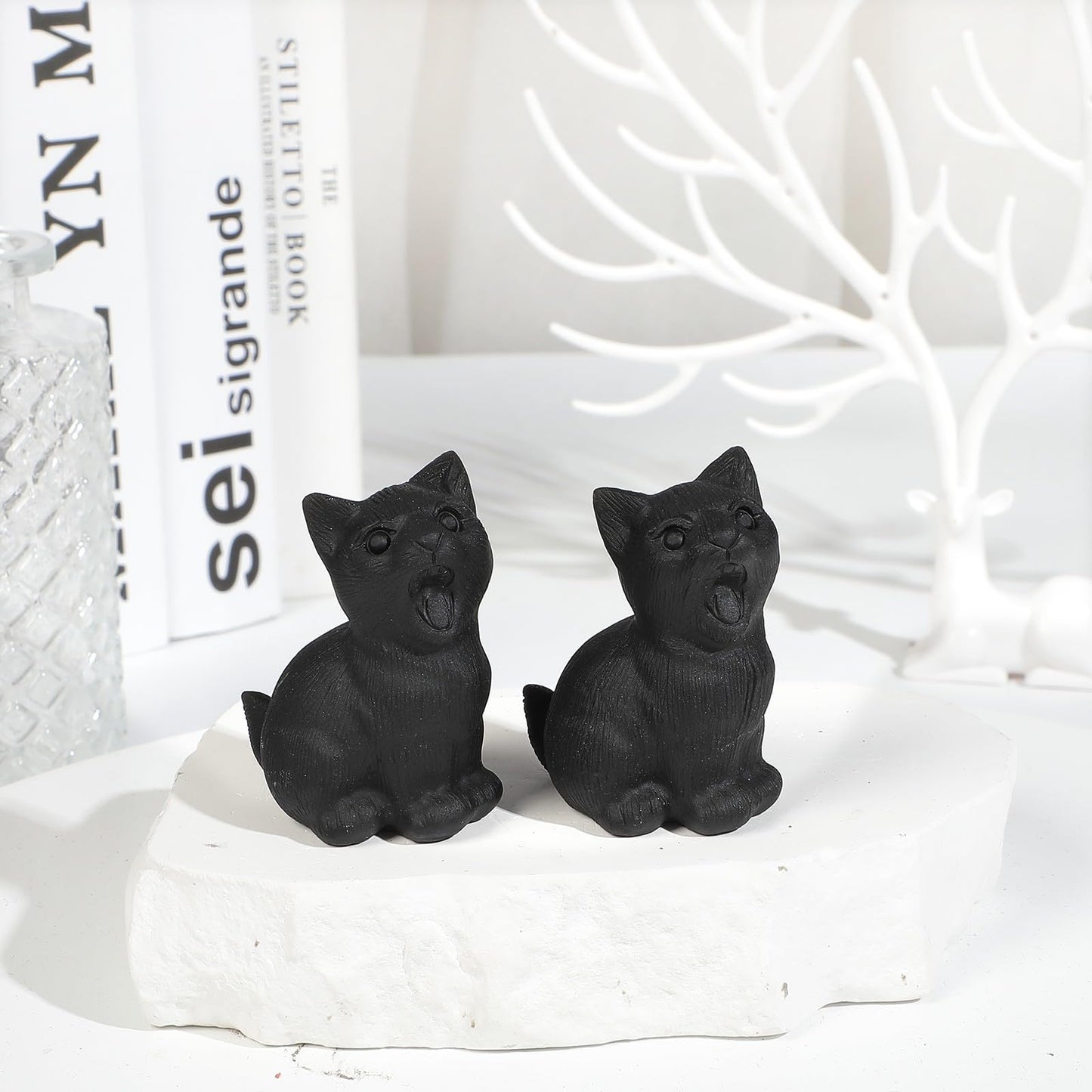 mookaitedecor Natural Black Obsidian Crystal Sitting Cat Statue, Hand Carved Lucky Cute Cat Figurine for Room Desk Decor