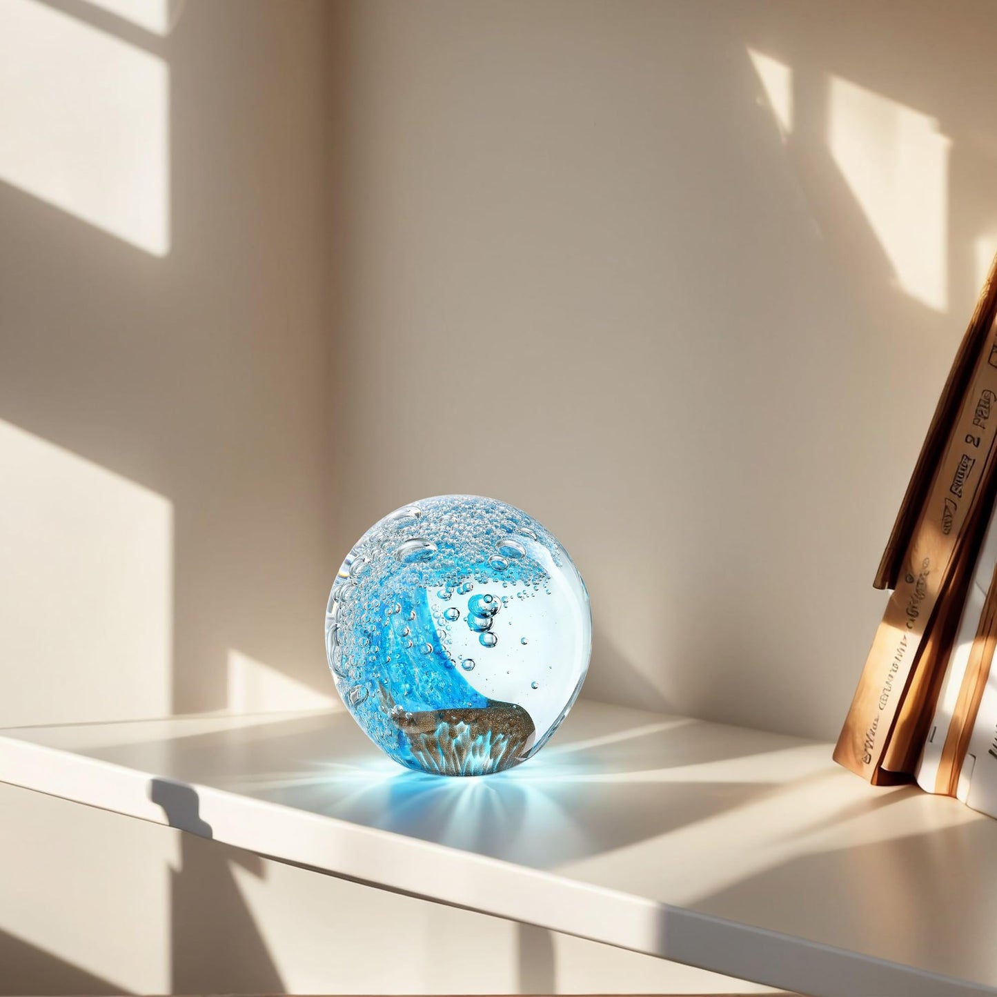 ZEERSHEE Hand Blown Ocean Wave Glass Ball, 2.3" Blue Glass Paperweight