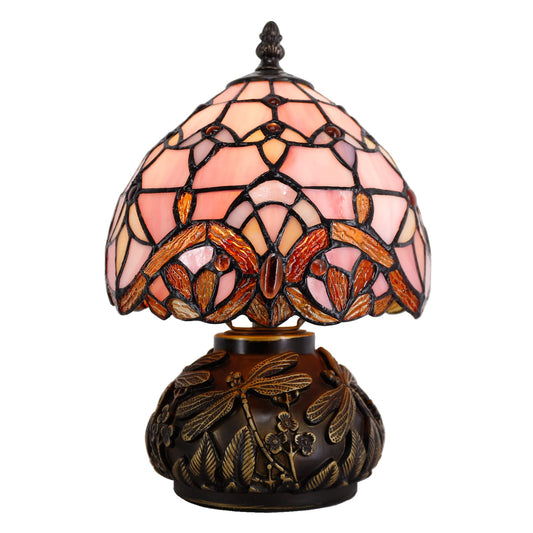 WERFACTORY Small Tiffany Lamp Desk Pink Stained Glass Baroque Mushroom Table Lamp Bronze Mini Accent Lamp W8H11 Inch S003P Series