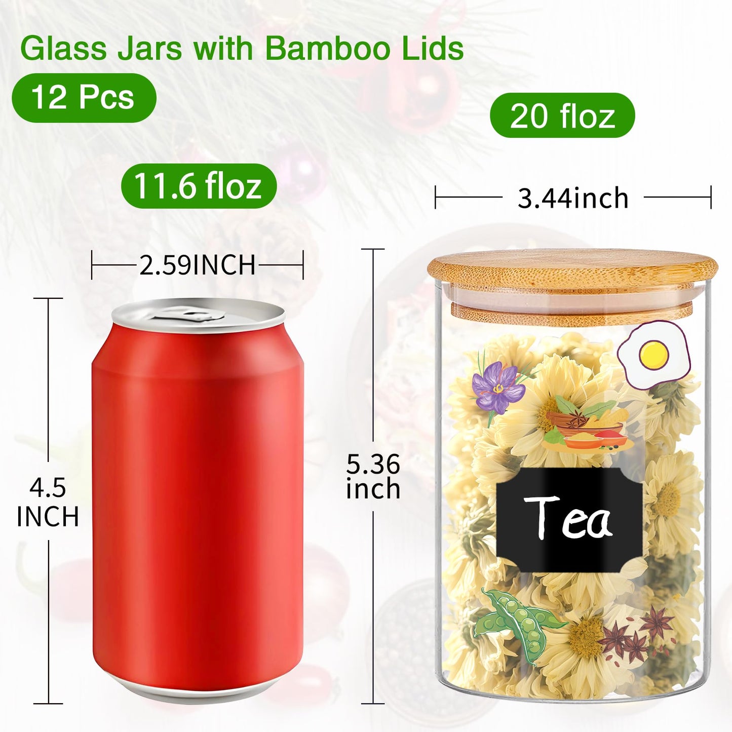 BGraceyy Glass Jars with Bamboo Lids 20 oz, 12 Pcs Stackable Kitchen Glass Pantry Storage Containers with Airtight Bamboo Lids for Rice, Candy, Sugar, Flour, Nuts, Cookie, Bean