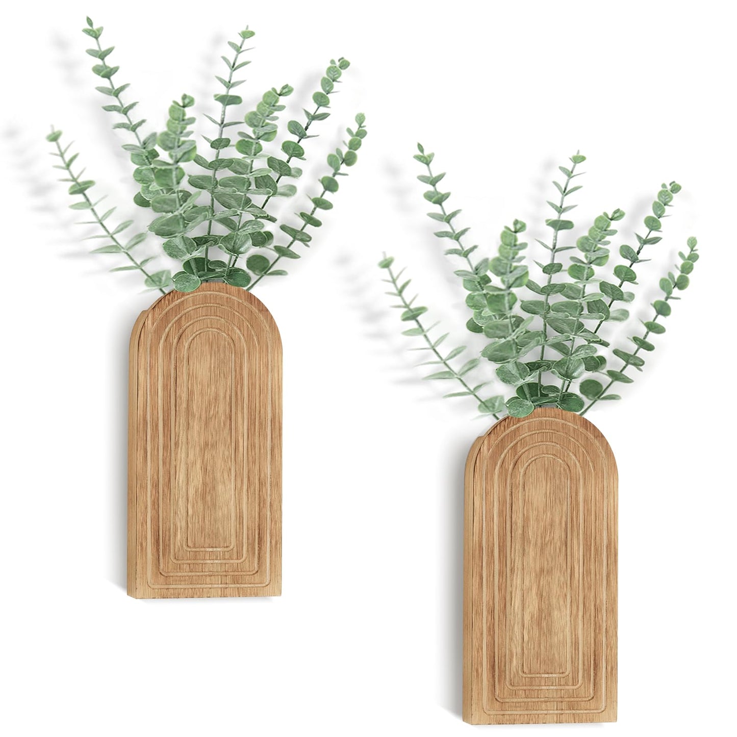 Dahey Wood Wall Planter Vase with Artificial Eucalyptus, 2 Pack Hanging Planter for Indoor Fake Plants Modern Boho Farmhouse Wall Art Decor for Bathroom Bedroom Kitchen Office Home Decoration, Natural