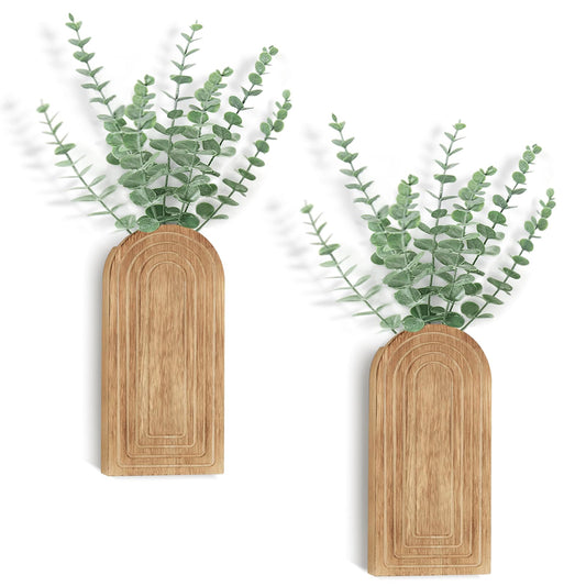 Dahey Wood Wall Planter Vase with Artificial Eucalyptus, 2 Pack Hanging Planter for Indoor Fake Plants Modern Boho Farmhouse Wall Art Decor for Bathroom Bedroom Kitchen Office Home Decoration, Natural