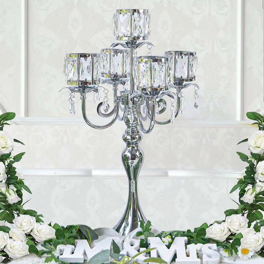 Kehail Silver 5 Arm Pendant Square Crystal Candle Holder, 22 Inches Table Decor Classic and Elegant Table Centerpiece Atmosphere Candlestick for Gift Wedding Party Home Decor