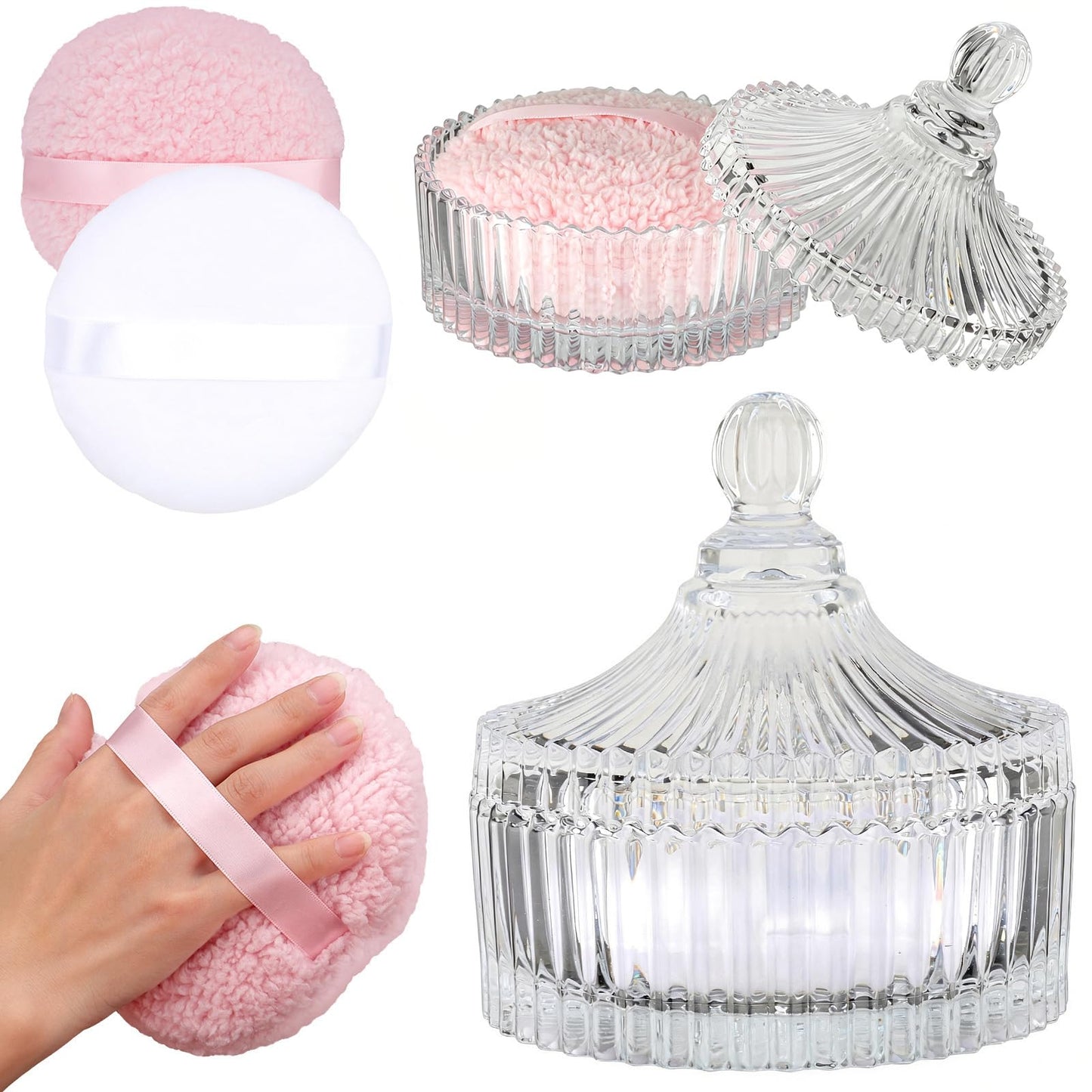 Body Powder Container with Large Powder Puff (2 Pack, 6" Glass Jar), Decorative Crystal Powder Puff Holder for Loose Powder, Talcum Powder, Gift Set for Women and Babies