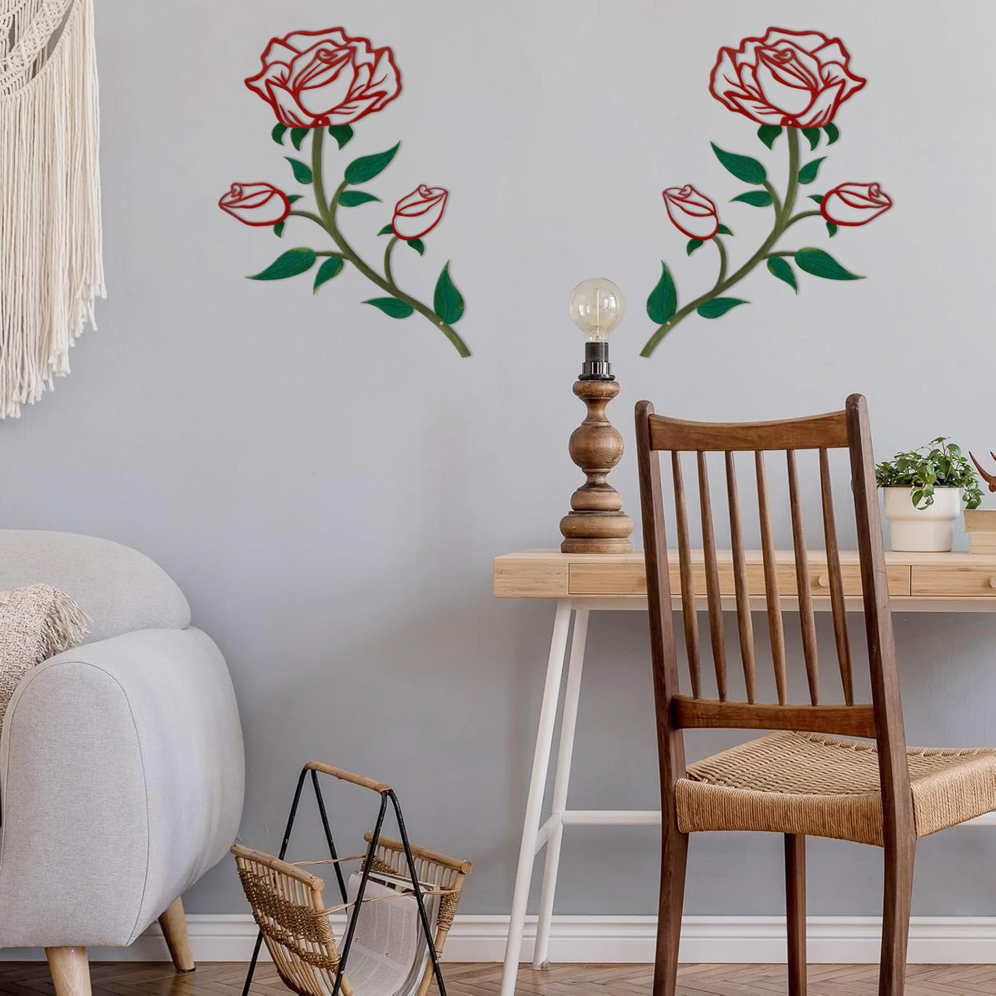 ESTART 2 Pcs Metal Rose Tree Leaf Wall Decor, 15“H Metal Cute Floral Wall Art, Rustic Hanging Sign Flowers Sculpture for Home Living Room Hallway Bedroom Bathroom (2 Pieces-Red Green)