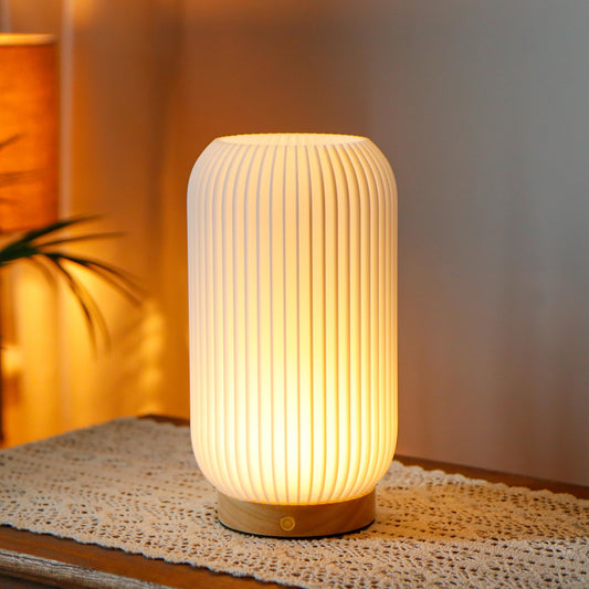 JHY DESIGN 3-Color Light Source Dimmable Touch Bedside Lamp 9" H Rechargeable Button Control Table Lamp 3D Printed Nightstand Lamp with Woodbase for Bedroom Living Room Indoors(White, Type-C Charging)