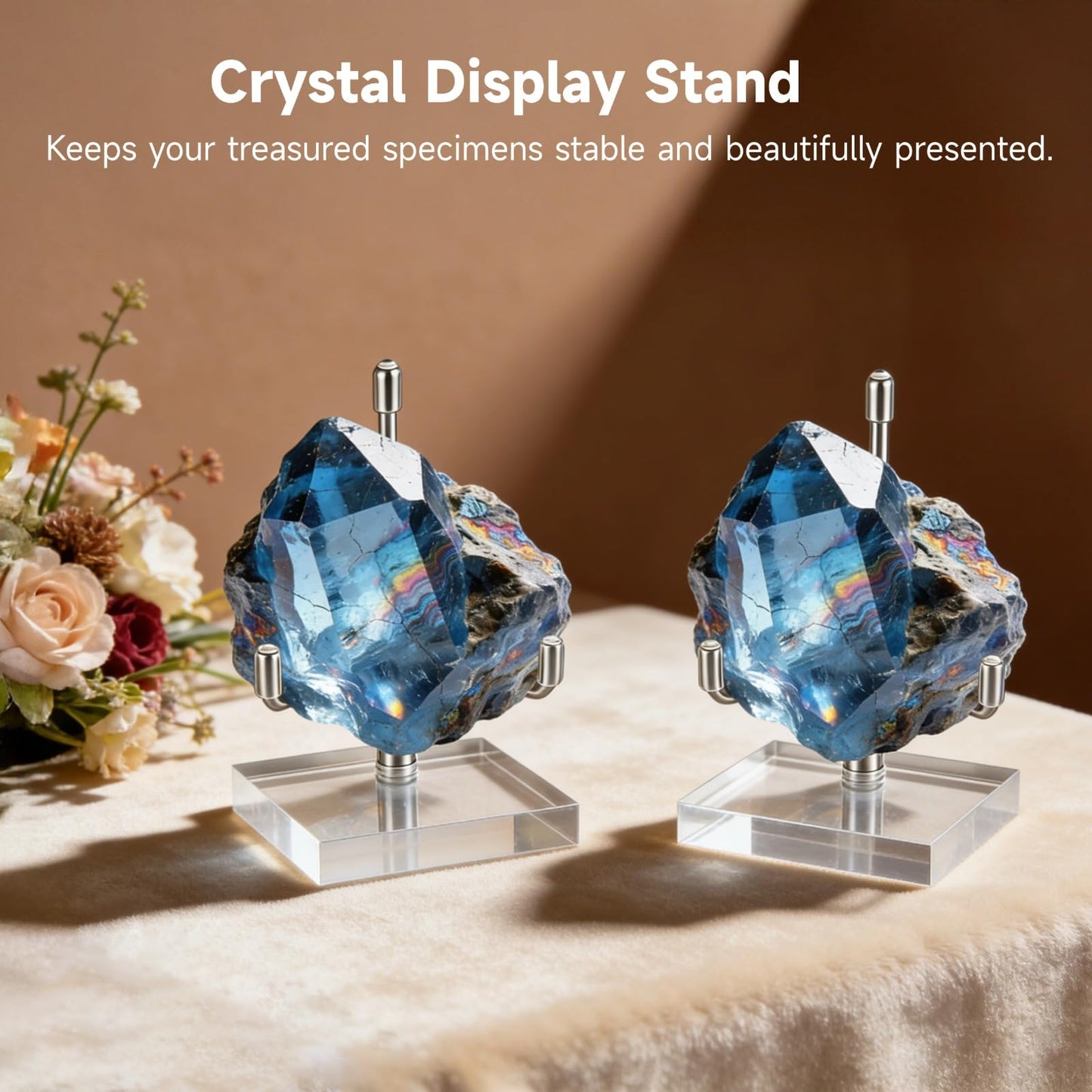 Skdqiee 16 Pcs Crystal Display Stands, Adjustable Metal Arm Mineral Holders, Silver Rock and Crystal Display Holders for Stones, Geodes, Fossils, Cards