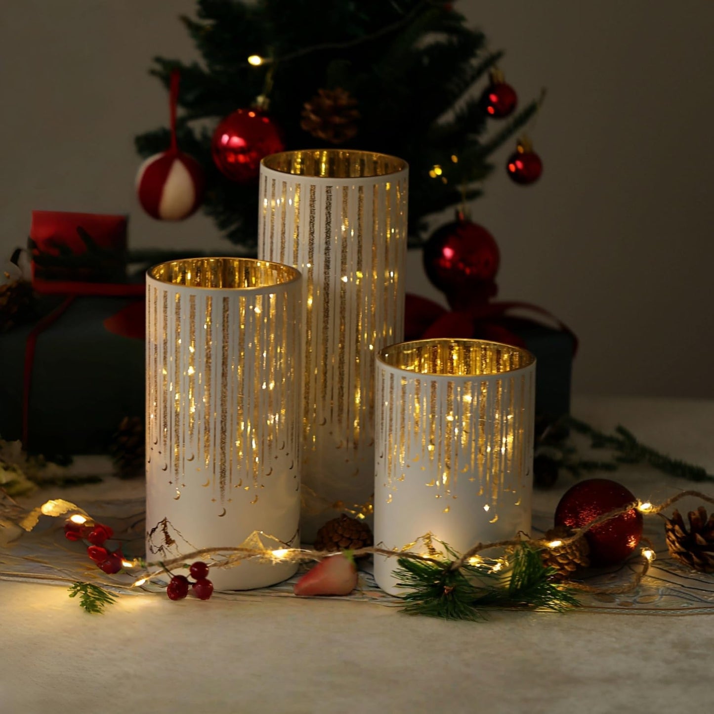 Ashroder Starry Night Hurricane Candleholders with Warm LED Lights & Remote Timer, Elegant Twinkling Decorative Centerpieces for Wedding, Dining Table, Living Room, Mantel Décor, Set of 3 (White)