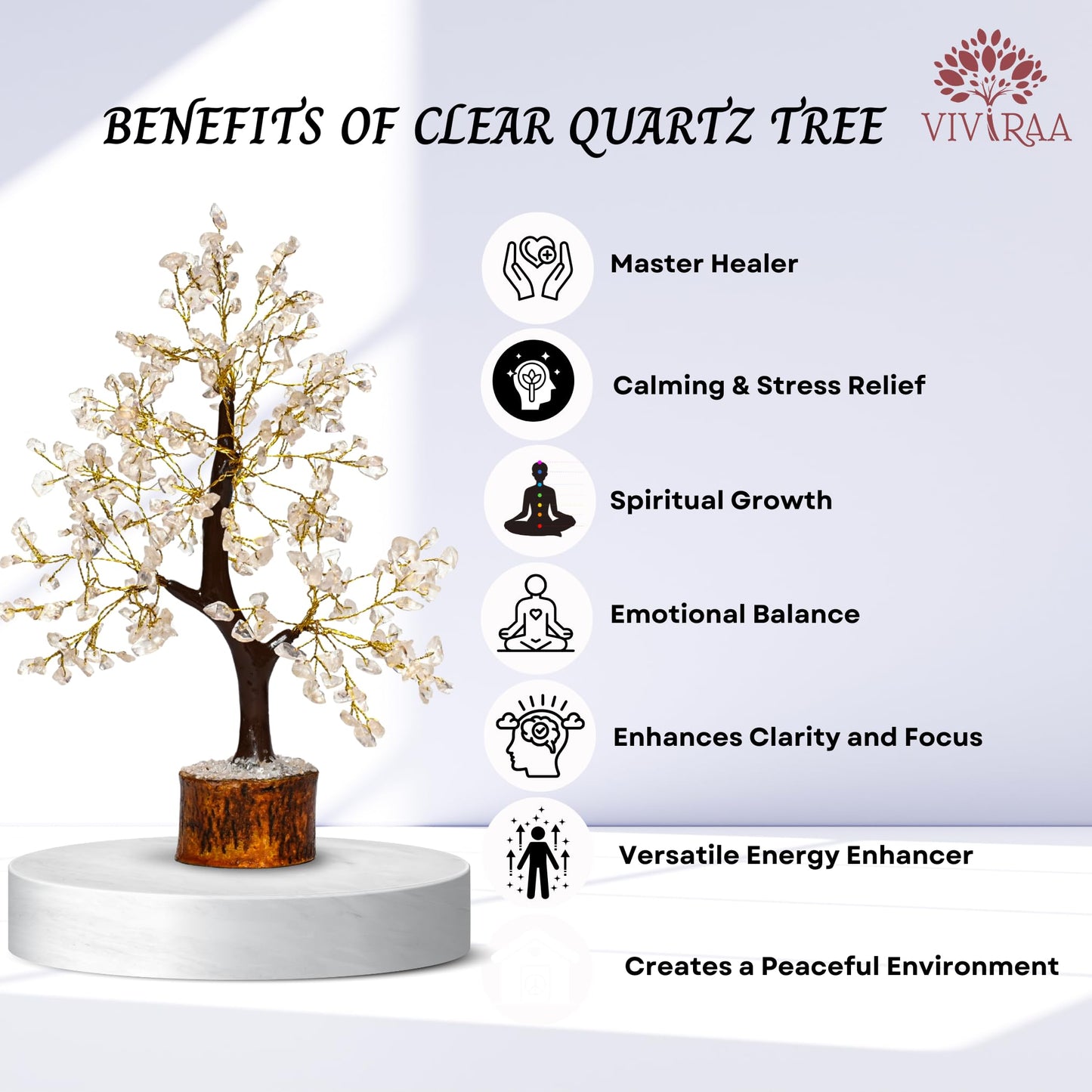 VIVIRAA Clear Quartz Tree of Life - Healing Crystals & Gemstone, Handcrafted, Amplify Energy, Clarity, Spiritual Growth, Crystal Bonsai Tree for Meditation, Home Decor, Gift (White)