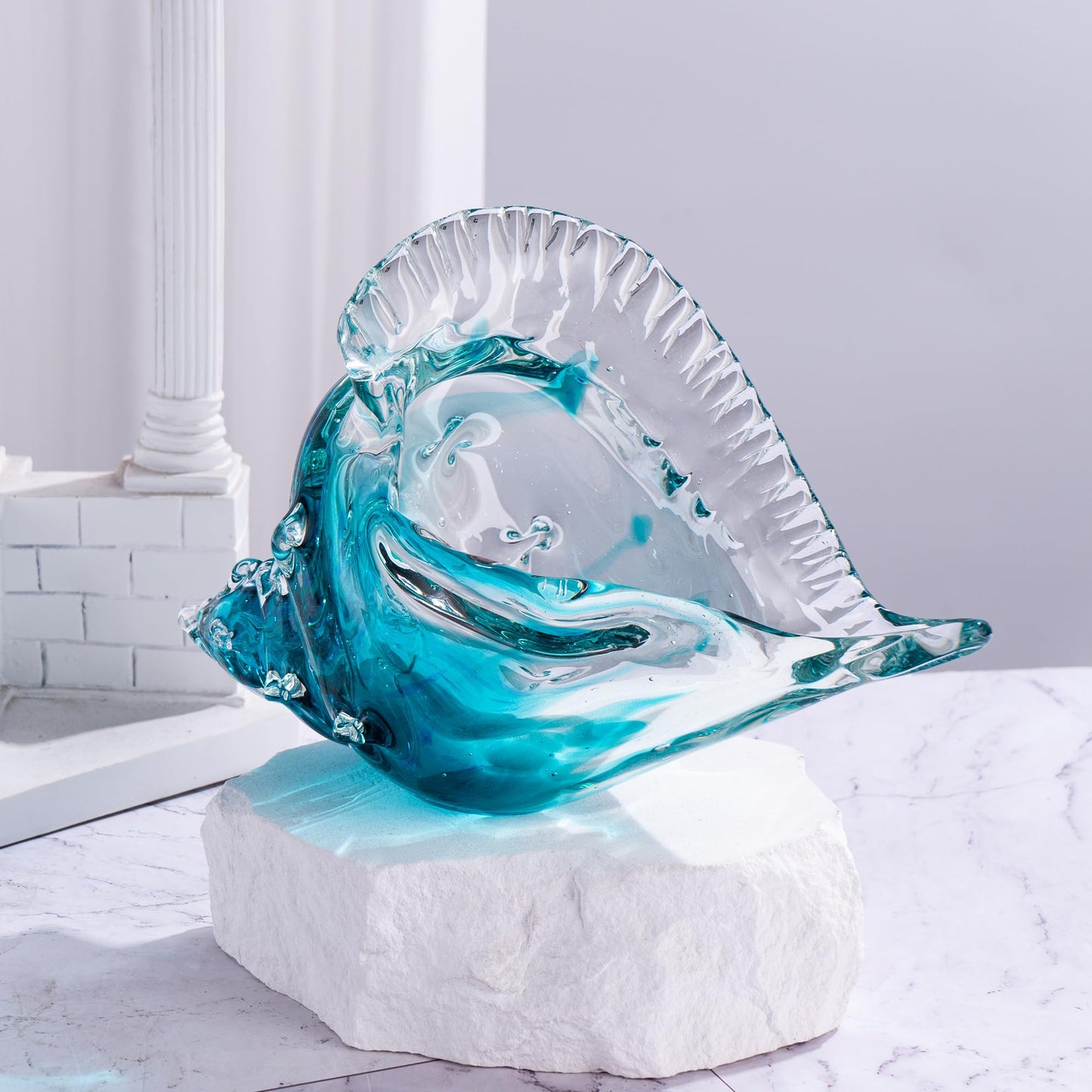 QIANCHANG 8" Blown Glass Conch Shell, Large Blue Glass Seashells Sculpture Table Centerpiece, Coastal Ocean Beach Themed Room Gifts for Women