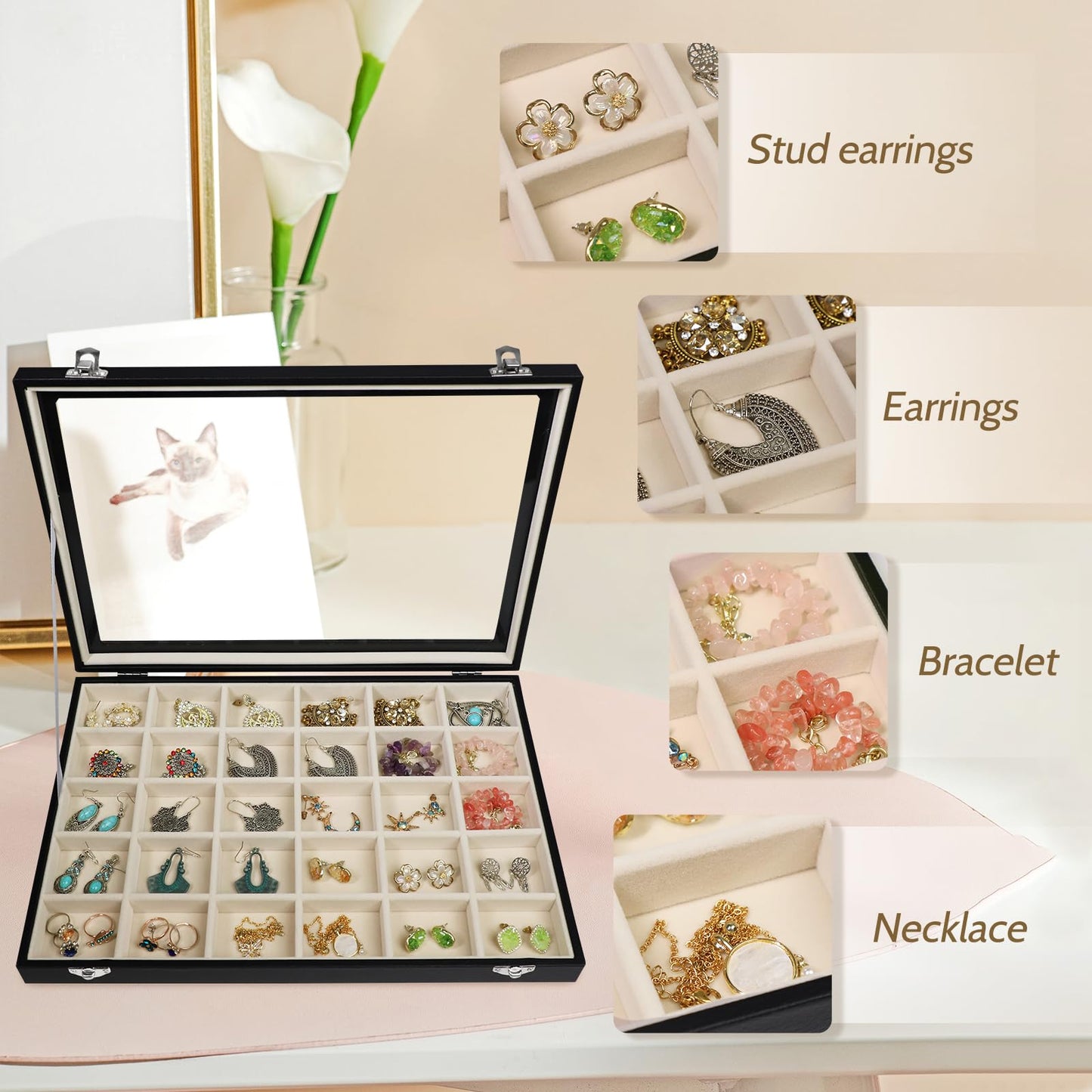 Stratalife 30 Grid Earring Organizer, PU Leather Jewelry Holder Organizer with Clear Lid, Velvet Earring Ring Storage Box for Women Girls Drawer (Beige Black)