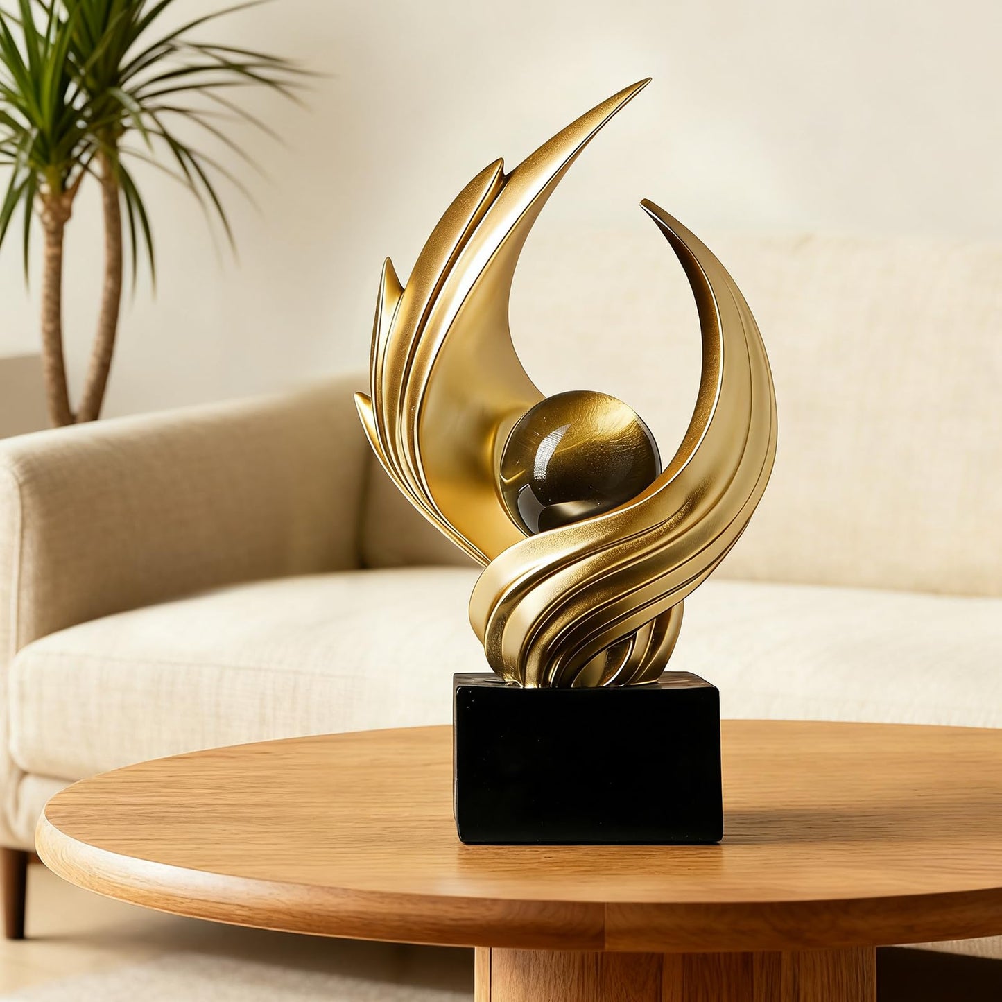 Modern Art Statue Decor, Abstract Swirl-Shaped Sculpture with Glass Ball Resin Art Figurines Centerpiece Sculptures for Home Decor Living Room Stand Coffee Table Office Bookshelf Decoration (gold)