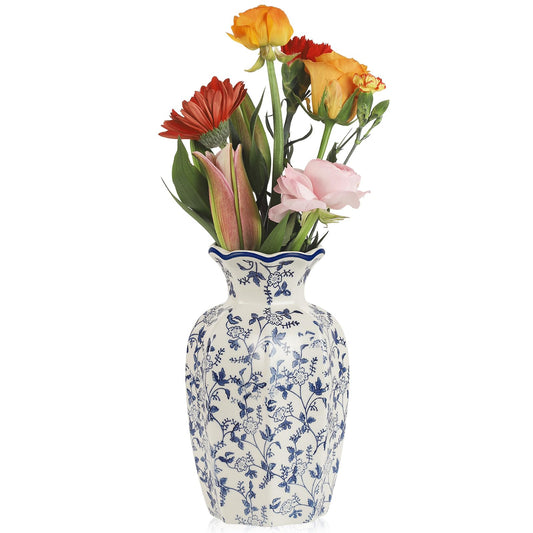 VanEnjoy Scalloped Vintage Chinoiserie Vase Blue & White Full Flower Ceramic Vessel Rustic Porcelain Table Centerpieces Decorative Antique Vases for Home Decor - Large