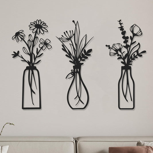 AMAATE 3Pcs Black Iron Floral Vase Wall Sculptures Minimalist Home Decor