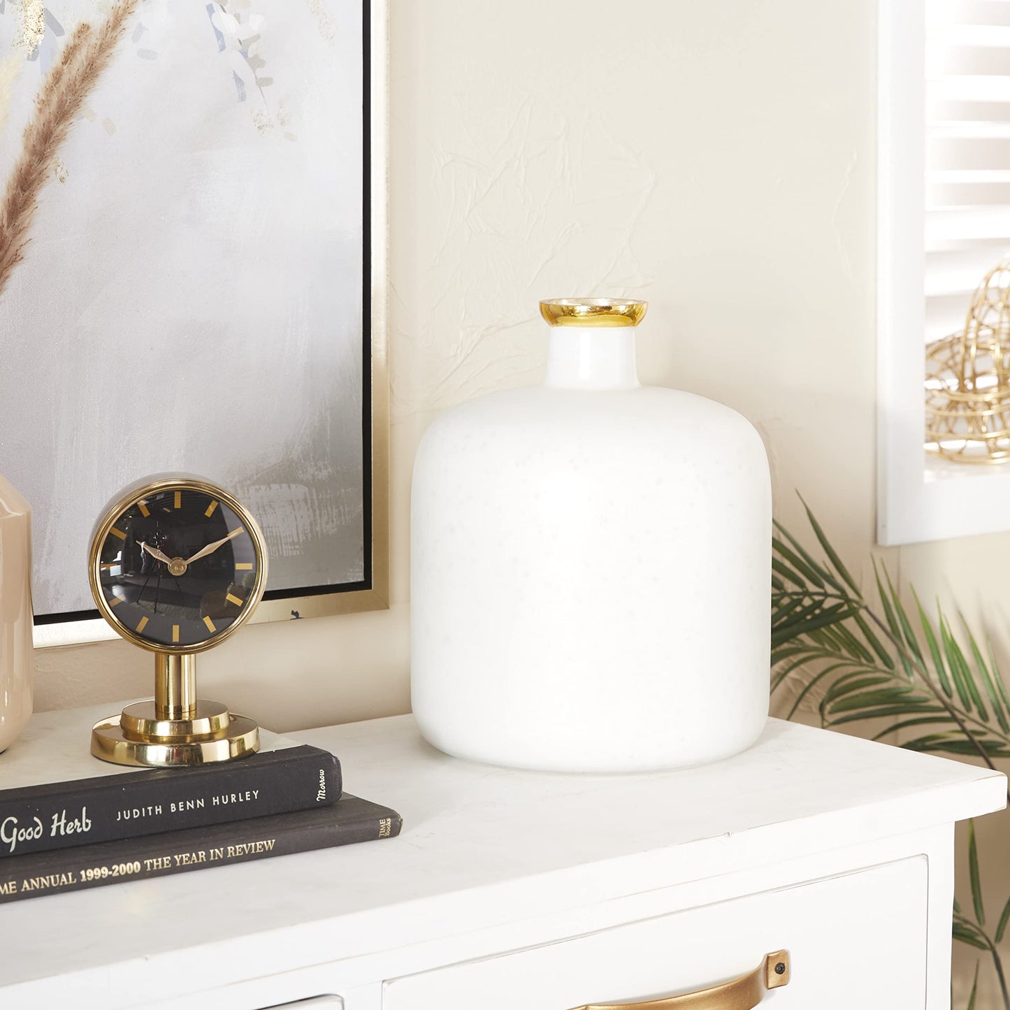 Deco 79 Glass Decorative Vase Centerpiece Vase with Gold Rim, Flower Vase for Home Decoration 10" x 10" x 12", White
