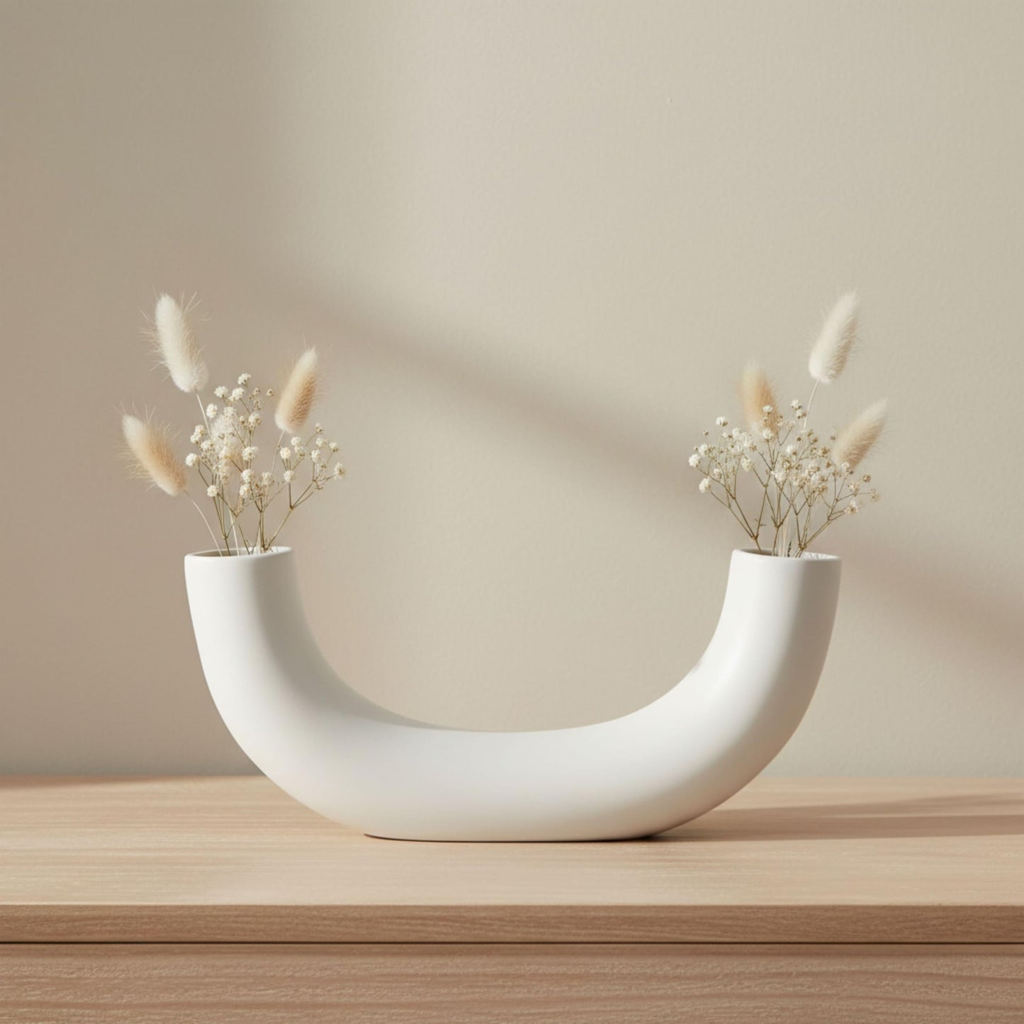Ceramic Vase – Flower Holder for Shelf Or Table, Living Room Or Bedroom Decor, Modern U-Shape Design Home Decor Accent for Styling Books and Trays – 12" x 3" x 5", White
