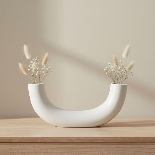 Ceramic Vase – Flower Holder for Shelf Or Table, Living Room Or Bedroom Decor, Modern U-Shape Design Home Decor Accent for Styling Books and Trays – 12" x 3" x 5", White
