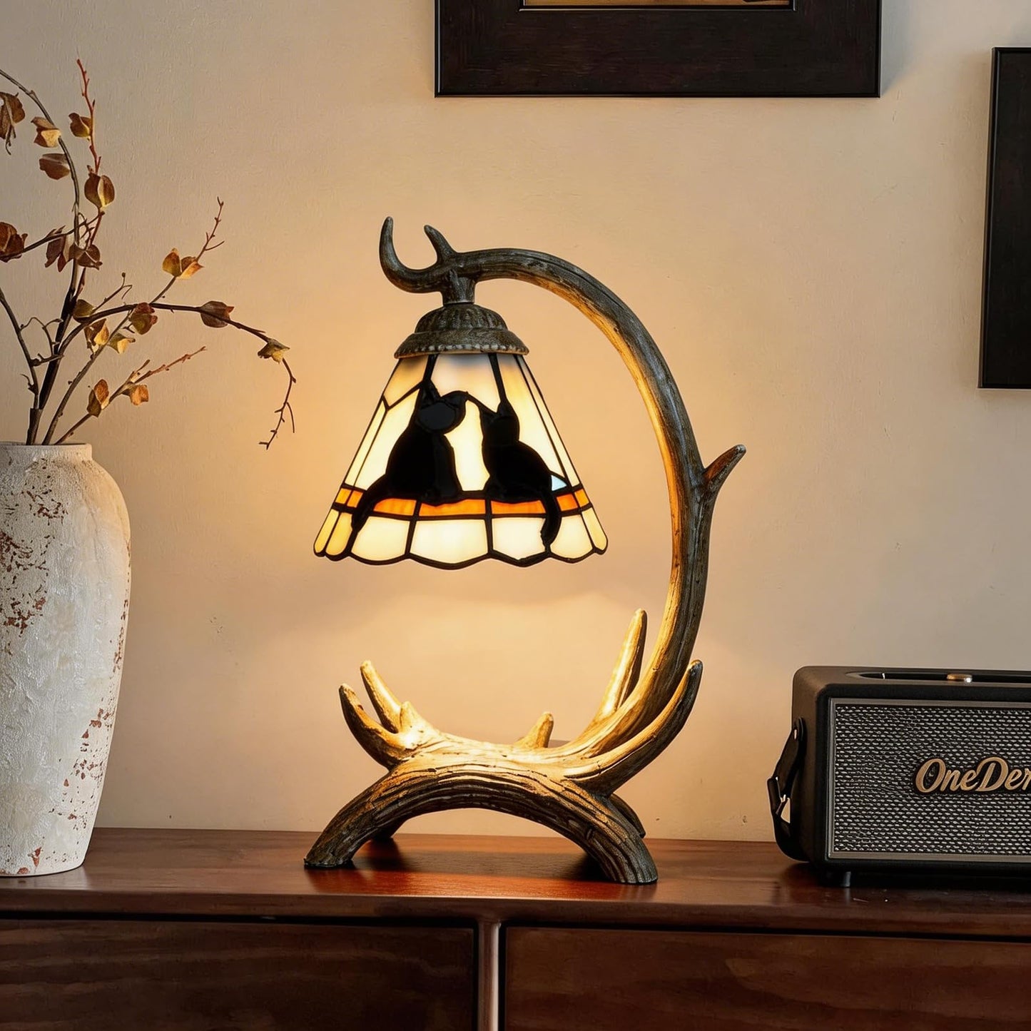 Halloween Black Cat Tiffany Lamp Stained Glass Table Lamp rustic Antler Desk Lamps Christmas Kids Decor Cute Cat Lamp Lover Gift For Bedroom Bedside Nightstand Kitchen Living Room Office Night Light