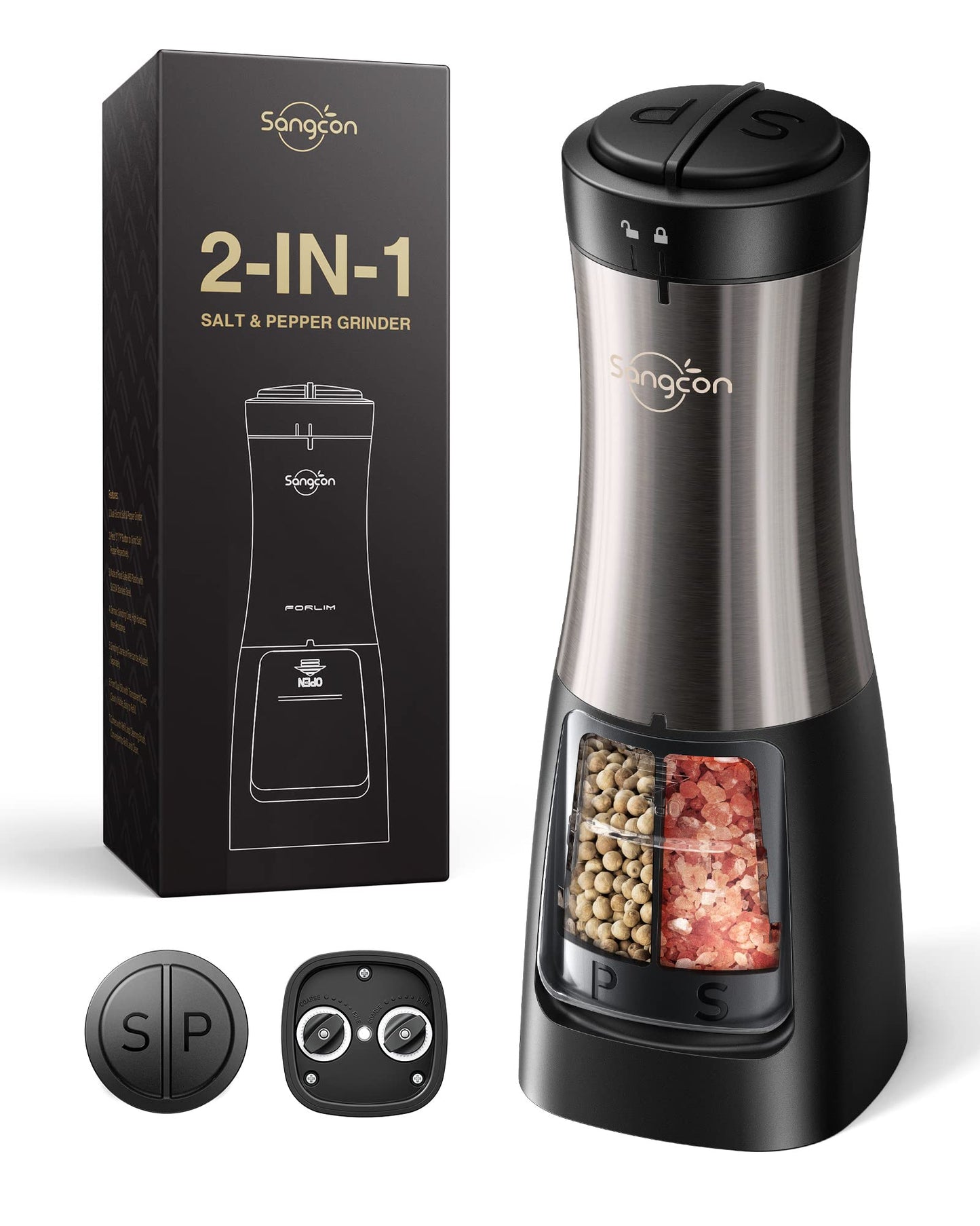 Sangcon 2-in-1 Electric Salt and Pepper Grinder, One Grinder for Two Seasonings, Automatic One-Handed Operation with Light, Adjustable Ceramic Mill, Refillable & Battery Powered