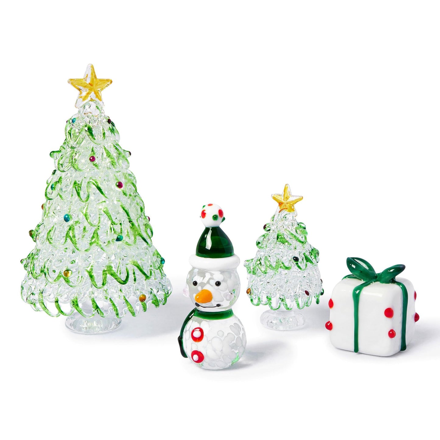 HDCRYSTALGIFTS Set of 4 Mini Blown Glass Christmas Figurines Collectible Miniatures Glass Christmas Tree & Snowman & Gift Box Ornaments Festival Gifts for Winter Holiday Home Tabletop Decor