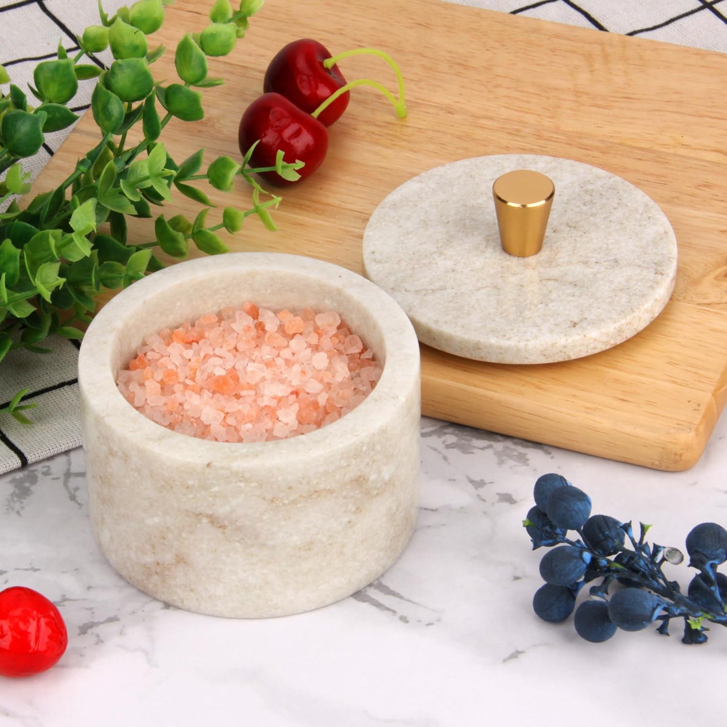 Stonemanus Marble Salt Cellar with Lid, 4 inch Natural Stone Salt Pepper Box, Alloy Lid for Kitchen Countertop Storage (Viva jade, 4 * 3.5)