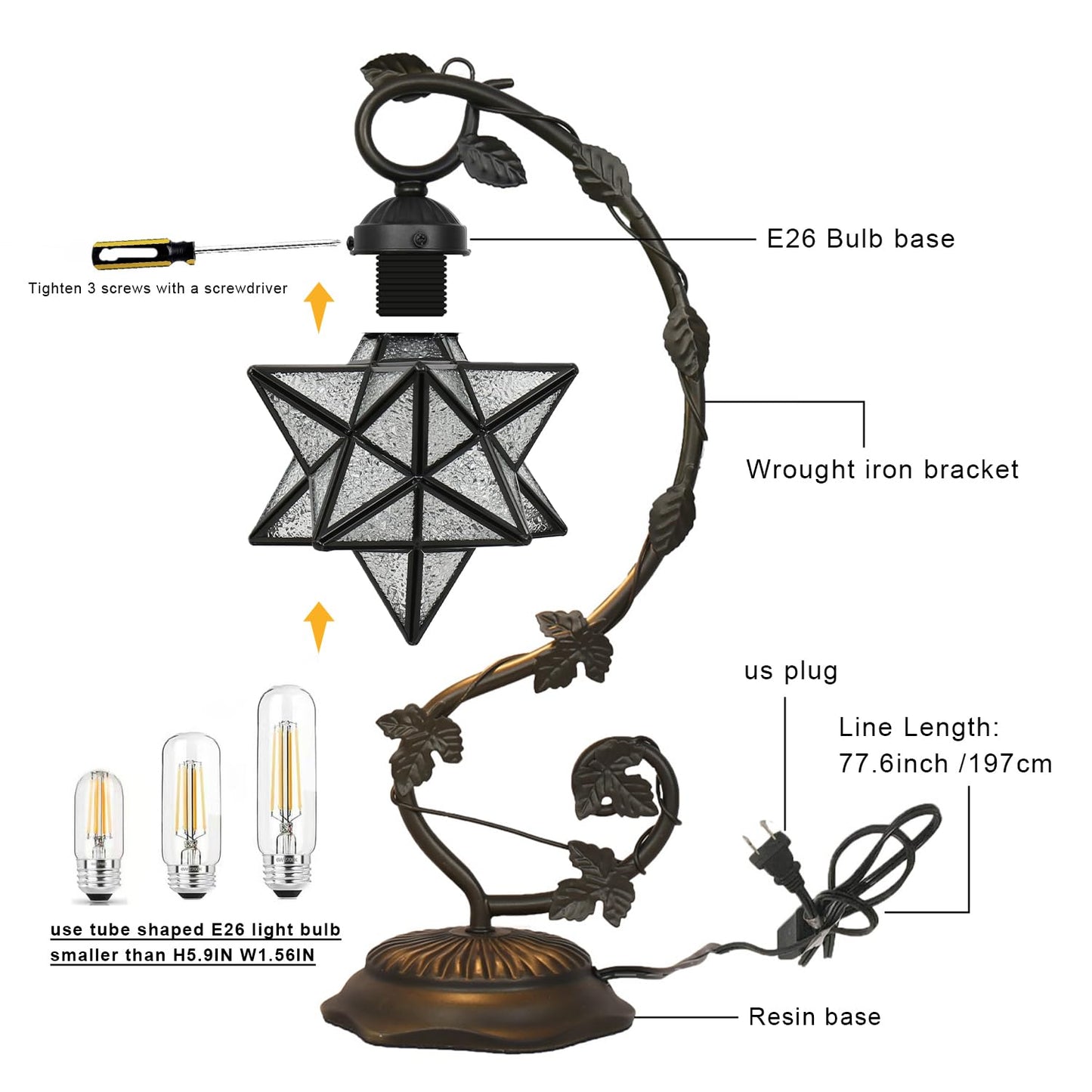 Star Glass Table Lamp, Vintage Style Table Lamp, 8x10x20 Inch – Bronze Metal Leaf Base Tiffany Lamp for Bedroom,Living Room,Study