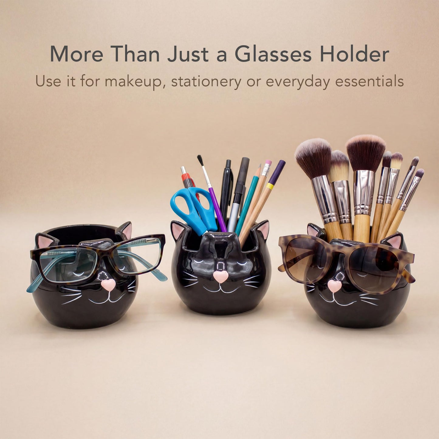Luvberries Cat Glasses Holder Stand and Vase - Black Cat Ceramic Sunglasses and Eyeglasses Stand Cat Lady Gift Display and Decor Organizer for Desk Accessories and Stationery Items