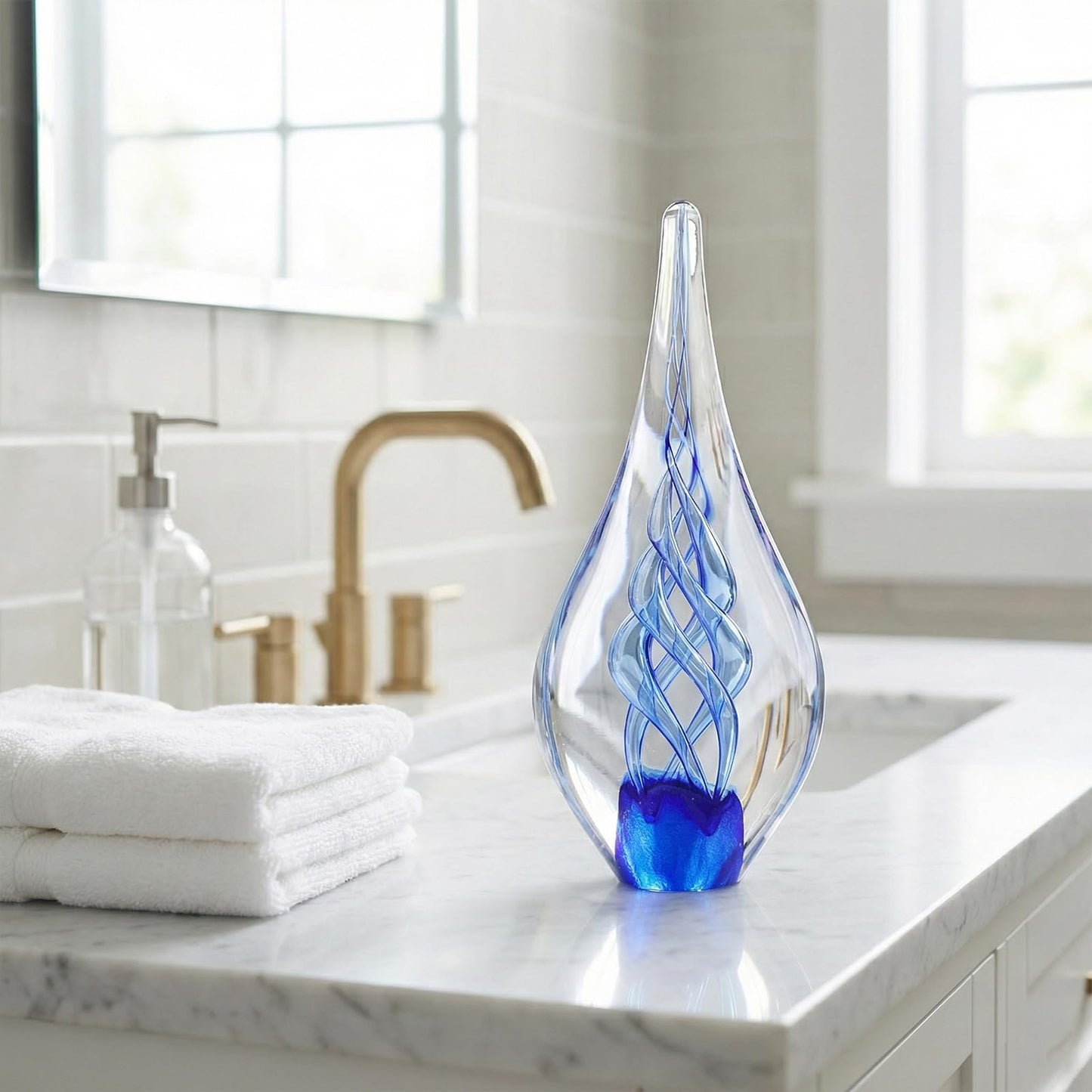 GrivSheen Hand Blown Glass Sculpture, Murano Style Decor, Blue Glass Art Collection Figurines, Teardrop Decorative Statue for Office Shelf, Unique Teardrop Sculpture Paperweight, Beach Room Decor
