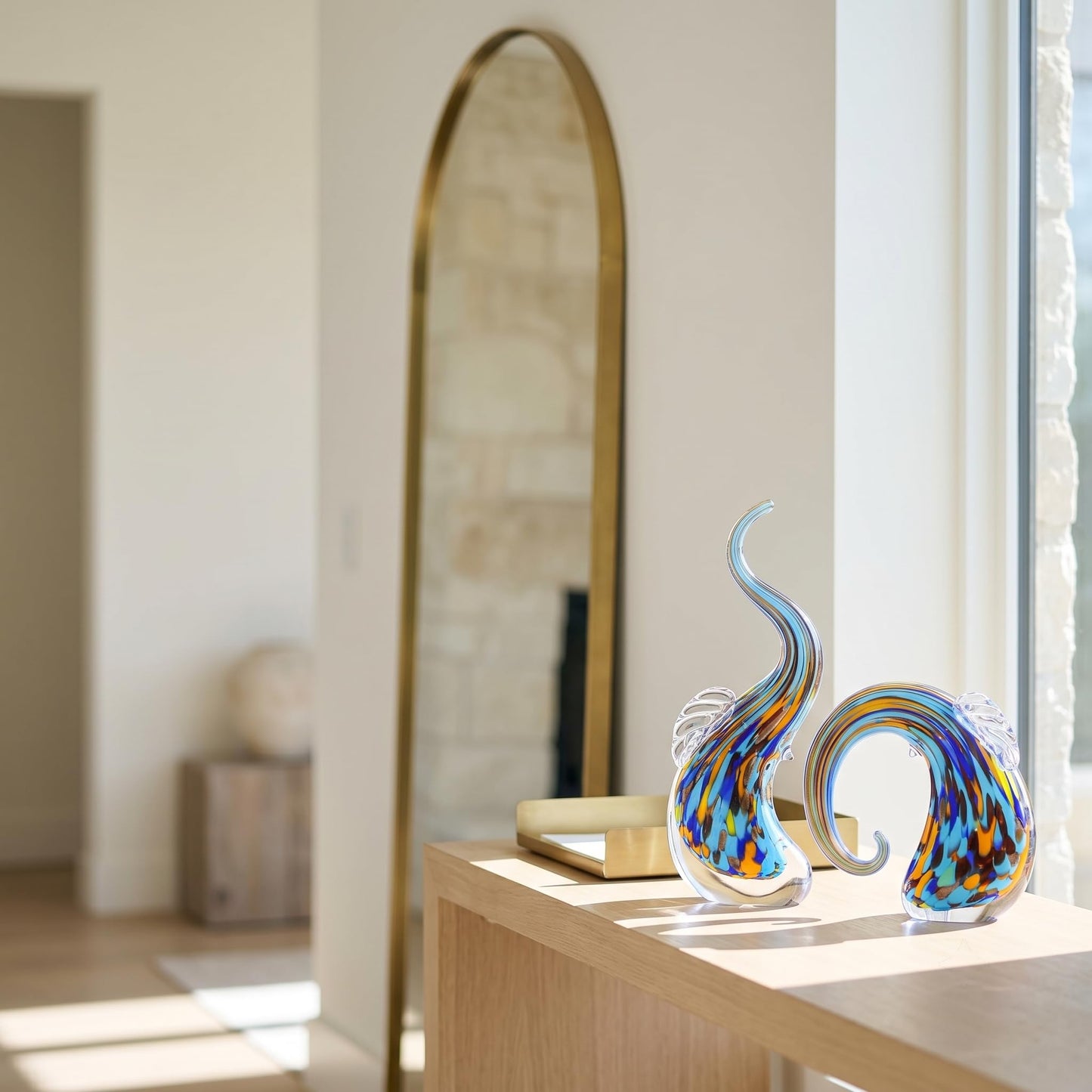 suruim Hand Blown Murano Glass Elephant Statues Set - Luxury Sculptures Home Decor for Living Room & Office Art Glass Ornament Animal Collectible (Green)