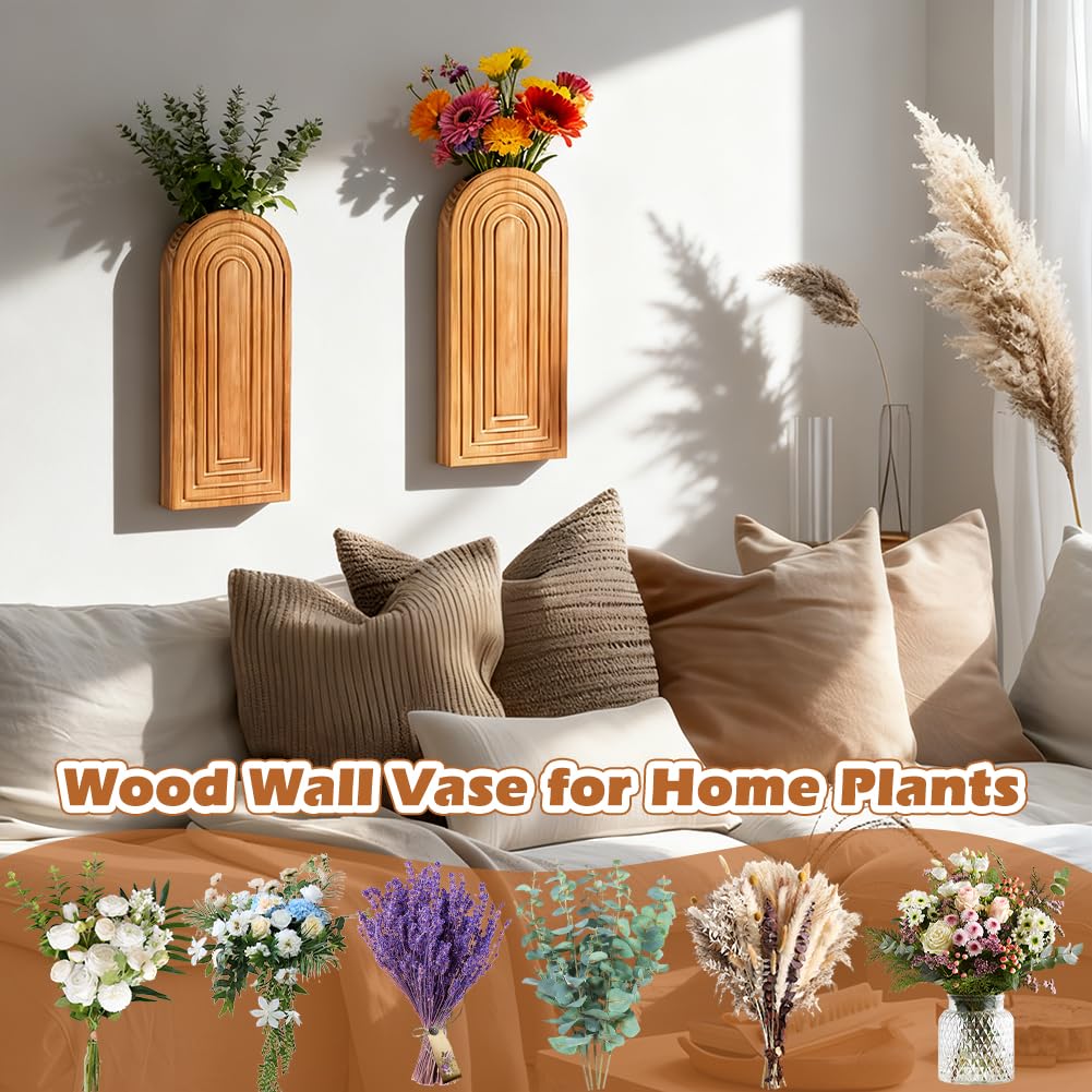 Set of 2 Wooden Wall-Mounted Vases for Dried Flowers, Boho Hanging Planters with Invisible Nails, Modern Farmhouse Home Decor for Living Room, Bedroom, Entryway, Bathroom