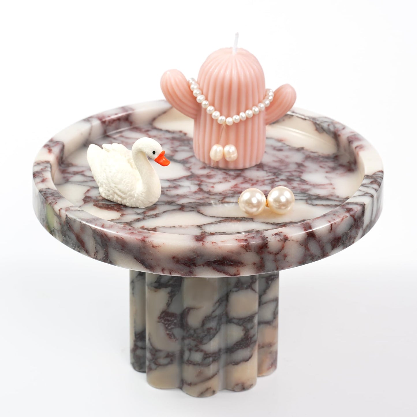 LWALMS Marble Perfume Tray with Legs - Round Decorative Stone Pedestal for Bathroom Vanity Coffee Table Kitchen Countertop, Footed Jewelry Candle Organizers Catchall Plate Riser with A Scalloped Leg