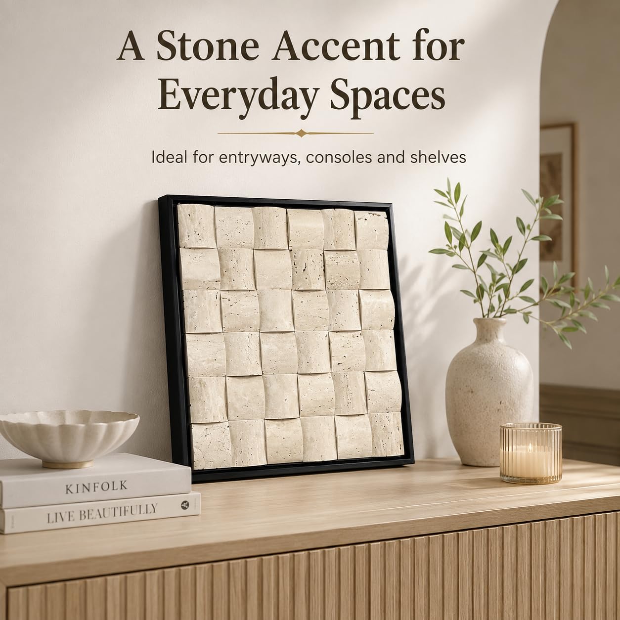SIRIZEN-DIVING 3D Decorative Travertine Wall Art, Natural Stone Mosaic,Black Frame, Marble Decor, Marble Painting (Beige)