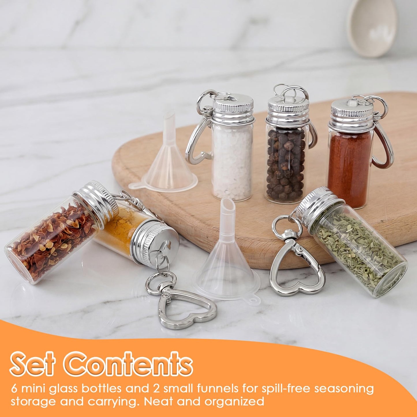 CQDAXUMY 6 Pcs Travel Salt Shaker, Mini Salt Keychain Bottle with Mini Funnel, Portable Clear Glass Spice Jar, Small Key Chain Travel Salt and Pepper Shakers for Camping, Office, Outdoor