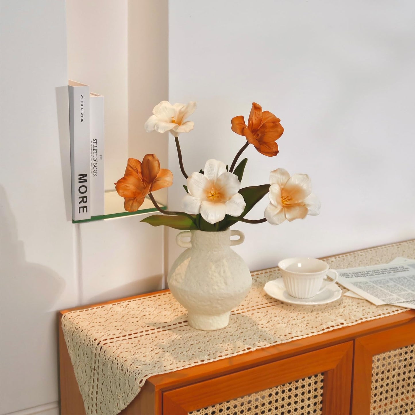 Ceramic Flower Vase with Handle, 7.1 inch Decorative White Vases for Home Decor, Farmhouse Rustic Vases for Table Mantle Fireplace Living Room Bathroom Wedding Centerpiece