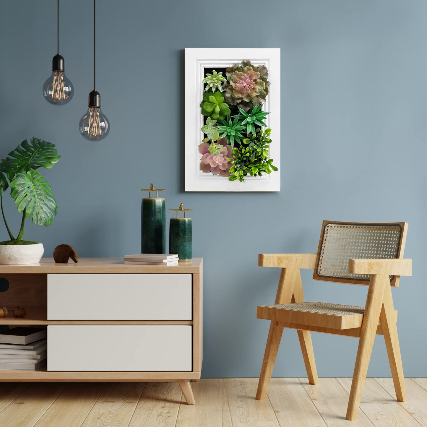 Nattol 3D Artificial Succulent Wall Art, Wood Frame with Realistic Faux Plant, Wall Hanging Botanical Decoration, Home Decor Idea for Vertical Garden and Fake Plants, White