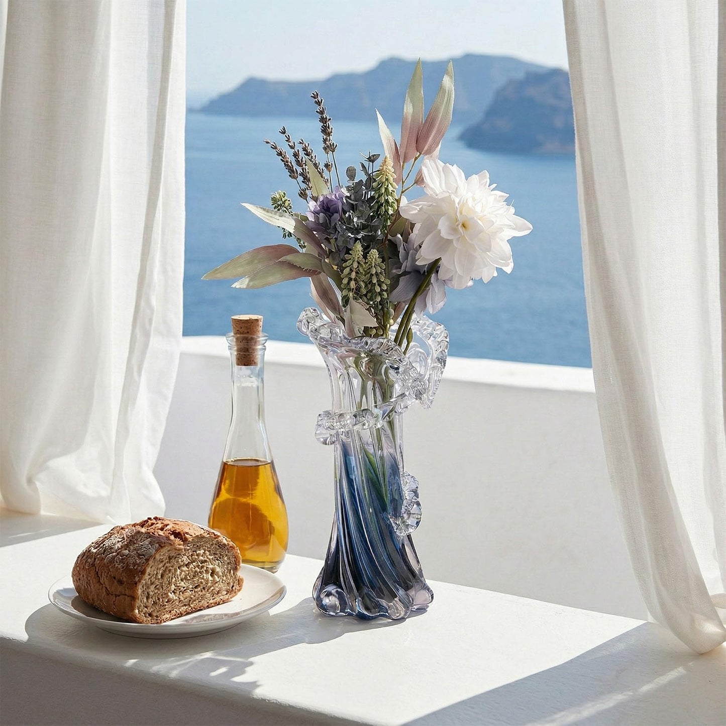 LINYTHER Blue White Clear Wave Vases Gradient, Murano Hand Blown Glass Vase Unique Art Decorative, for Ocean Themed Coastal Home Centerpiece Modern Office Entrance Table Creativity