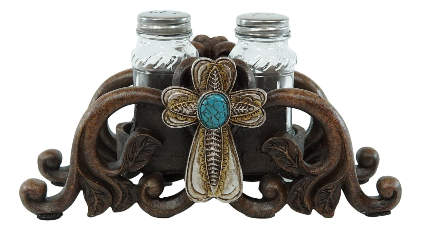 Ebros Gift Decorative Turquoise Stone Holy Cross With Faux Wood Scroll Lace Vines Salt and Pepper Shakers Set Spiritual Religious Christian Decor Inspirational Sculptures For Dining Table Bar Accent